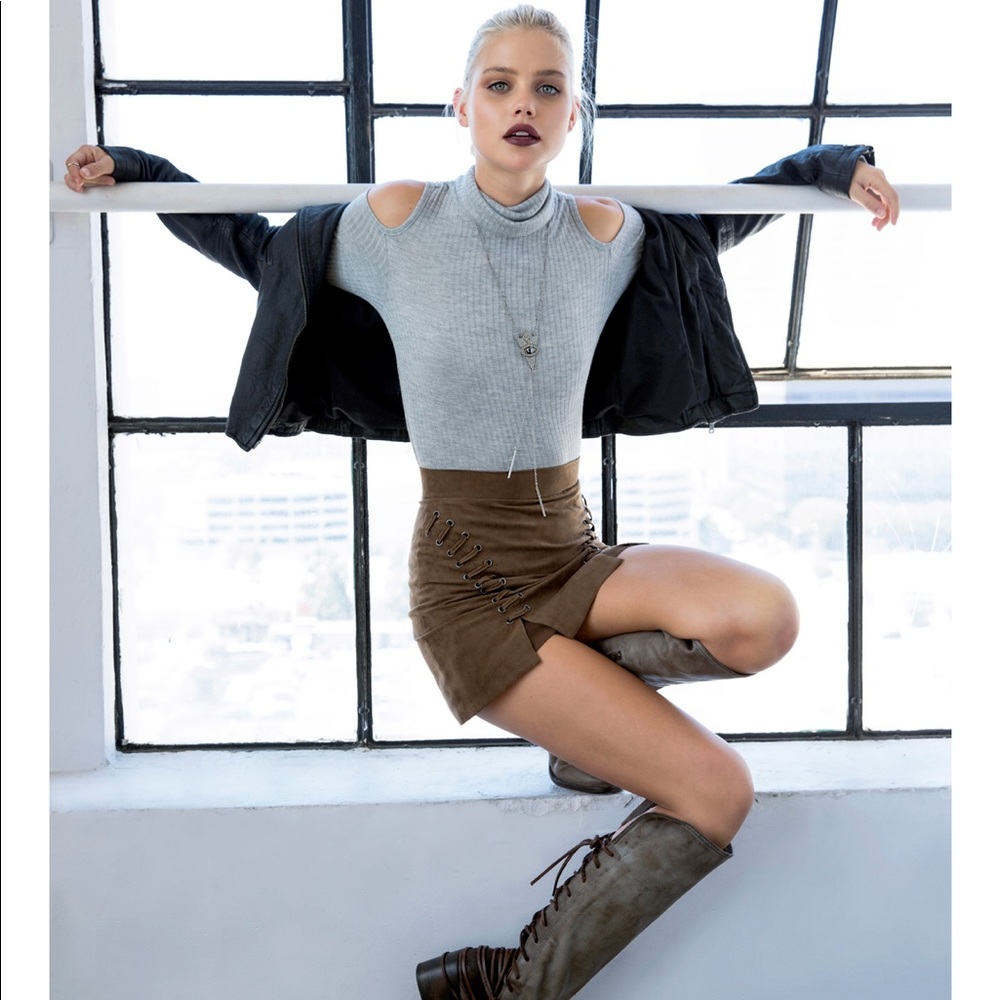 LF brown suede baseball lace up skirt